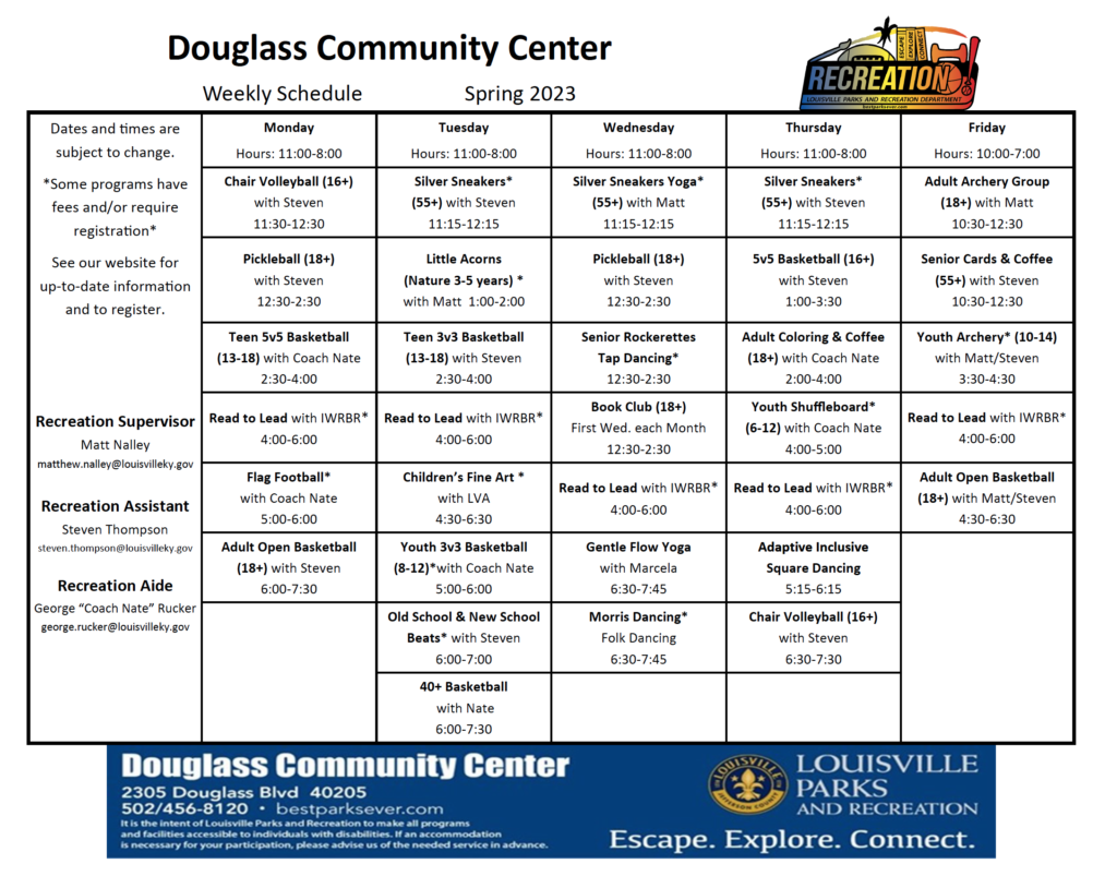 Douglass Community Center Spring 2023 schedule